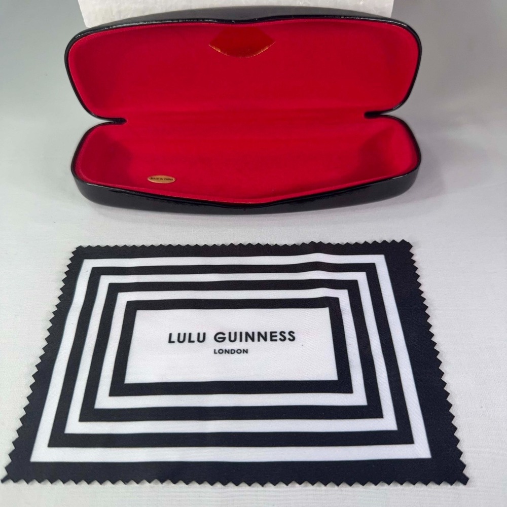 Lulu Guinness Eye Glass Case Black Shiny Faux Patent W/ KISS + Wiping Cloth